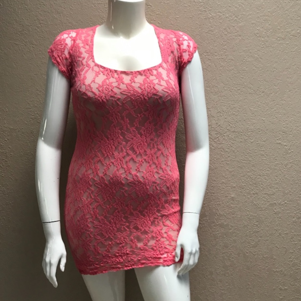 lace mini dress with square neck and short sleeves, orange, medium with lining